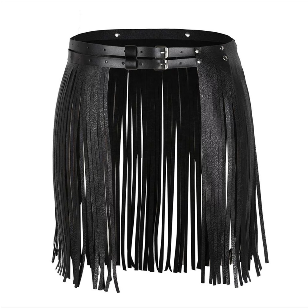 Black Leather Fringe Belt - Picture 4 of 7